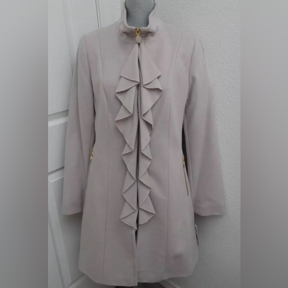 TAHARI Women's Kendra Cascade
Ruffle Zip Front Coat Jacket Gray 60% wool